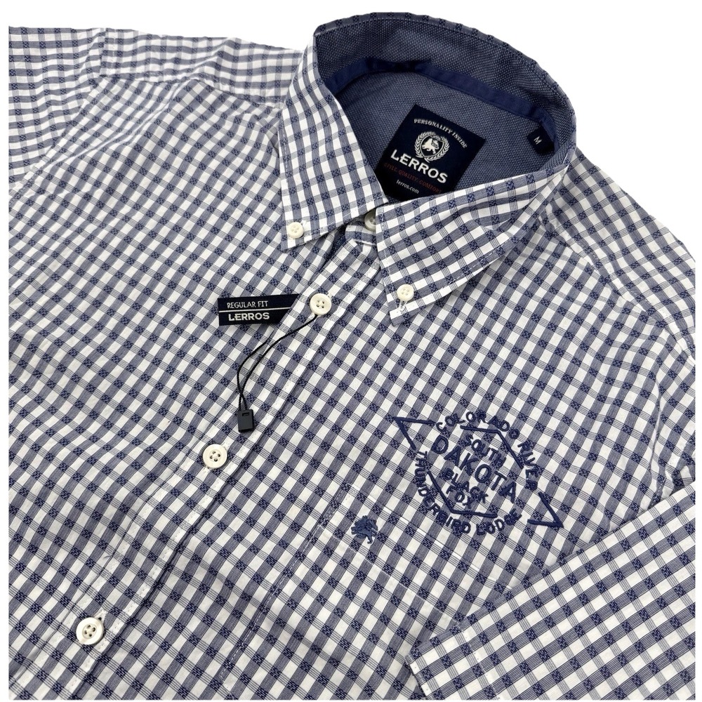 Lerros Shirt Men M Blue Gingham Short Sleeve‎ Regular Fit South Dakota Lodge NEW